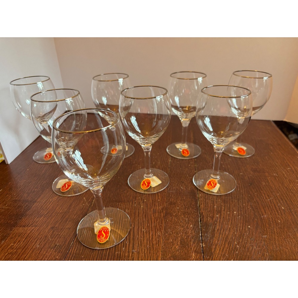 Seneca Lead Crystal Wine Glasses Set of 8 Silver Rim Vintage Stemware